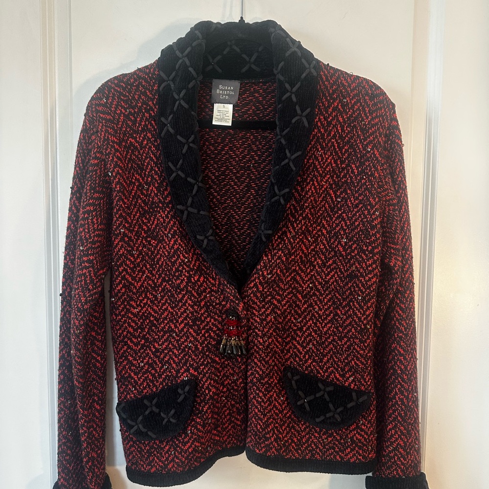Vintage 80/90’s Susan Bristol LTD Red & Black Sequin Beaded V- Neck Cardigan, S